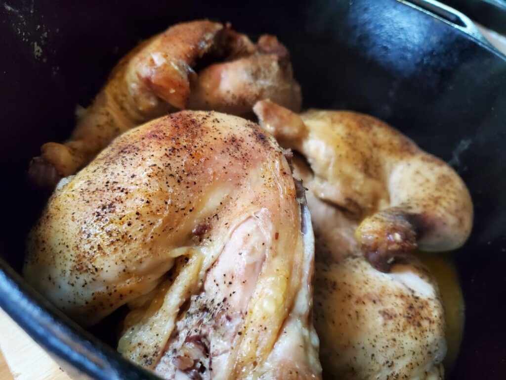 A picture of cooked chicken thighs in a Dutch oven.