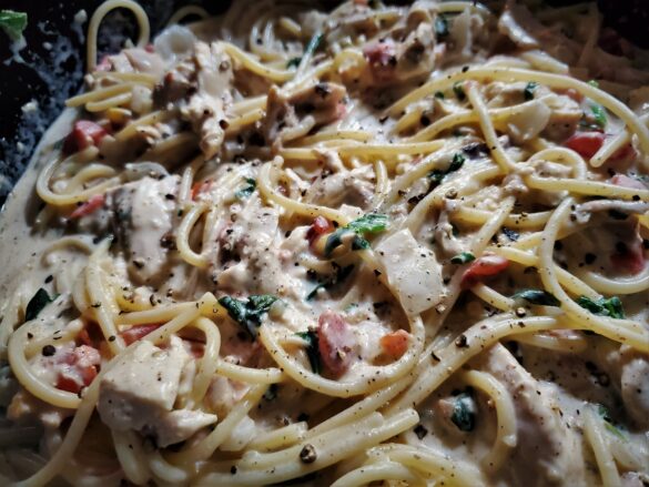 Chicken parmesan spaghetti in a Dutch oven