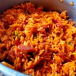 A picture of a pot of homemade Spanish rice.